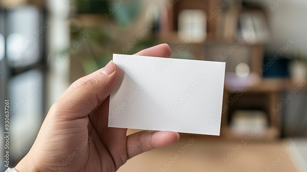 A person holding a blank business card in a modern office setting. A person holding a blank business card in a modern office setting.