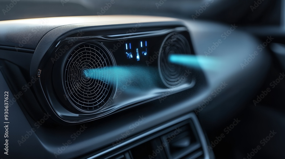 A car's air conditioning vent with digital display, showing airflow direction and temperature. A car's air conditioning vent with digital display, showing airflow direction and temperature.
