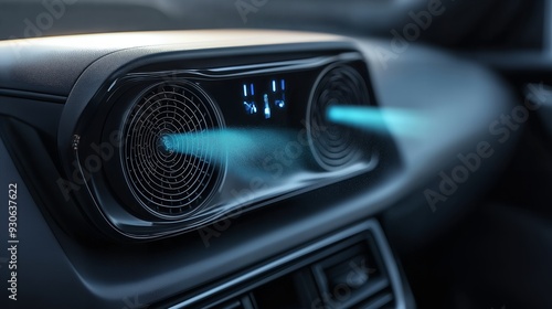 A car's air conditioning vent with digital display, showing airflow direction and temperature.