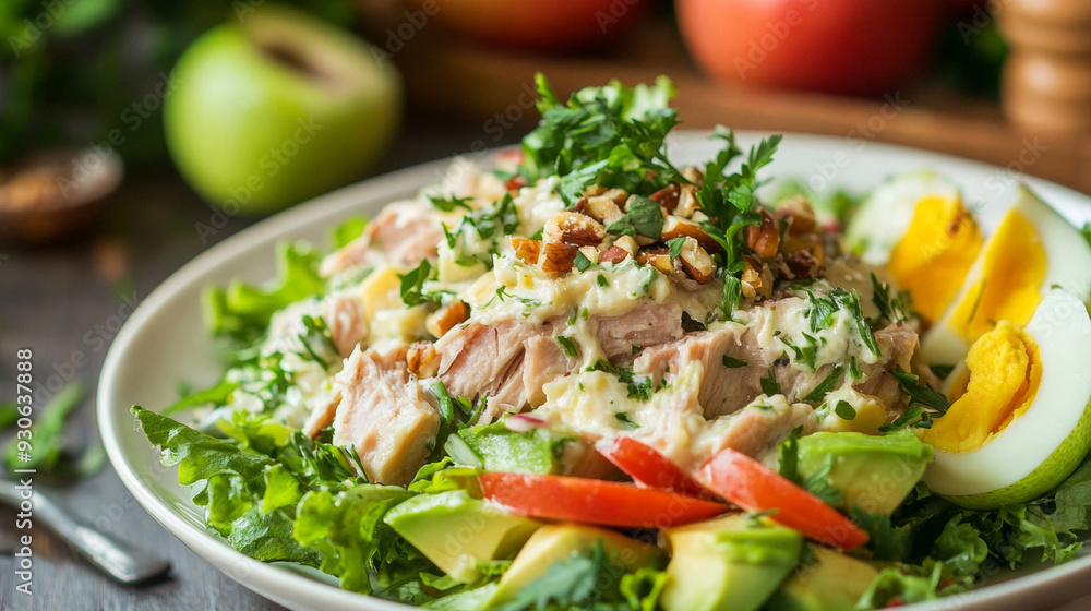 A fresh salad with lettuce, tomatoes, avocado, walnuts, and fish fillet on a white plate. Close-up on a wooden background. Concept of healthy eating A fresh salad with lettuce, tomatoes, avocado, walnuts, and fish fillet on a white plate. Close-up on a wooden background. Concept of healthy eating