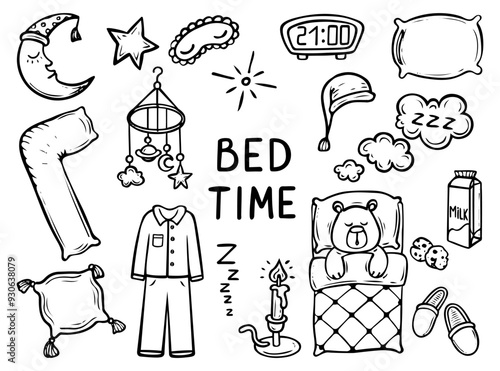 Set of bed time hand drawn doodle. Bedroom items. Sleeping dream. Bed, pillow, milk, moon, pajamas. Good night. Vector outline line art illustration.