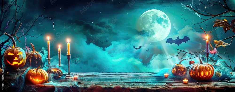Halloween Banner: Wooden Table, Pumpkins, and Candles in Scary Full Moon Light with Cloudy Sky Halloween Banner: Wooden Table, Pumpkins, and Candles in Scary Full Moon Light with Cloudy Sky