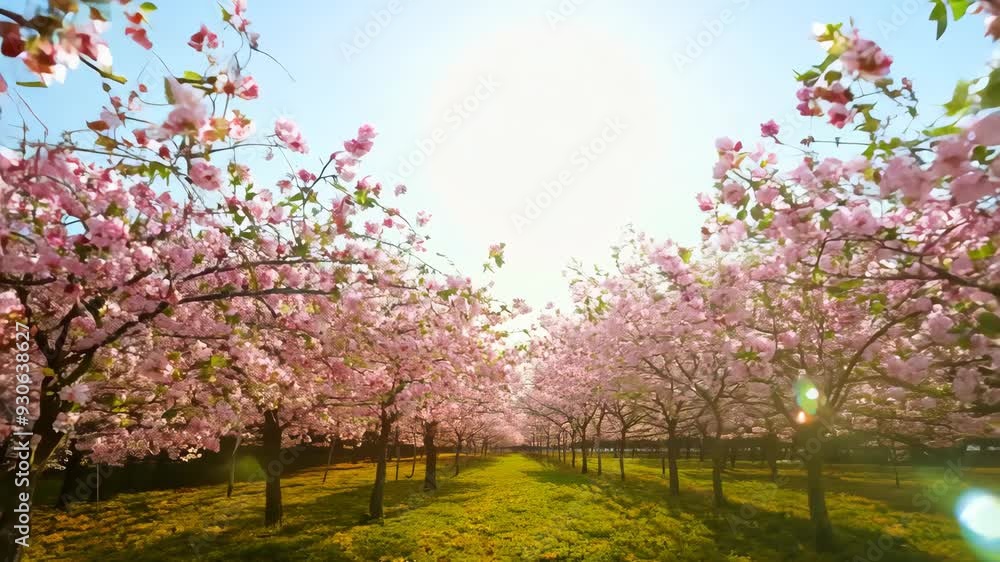 Cherry blossom trees in full bloom during spring sunlight Cherry blossom trees in full bloom during spring sunlight