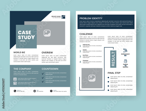 Case Study Layout Flyer. Minimalist Business Report with Simple Design. Sage Green and Navy Blue Color Accent.