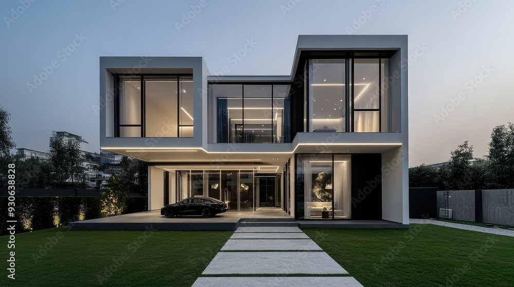 A stylish two-story villa features a minimalist design, three car spaces, and well-maintained landscaping surrounded by lush trees and mountains A stylish two-story villa features a minimalist design, three car spaces, and well-maintained landscaping surrounded by lush trees and mountains