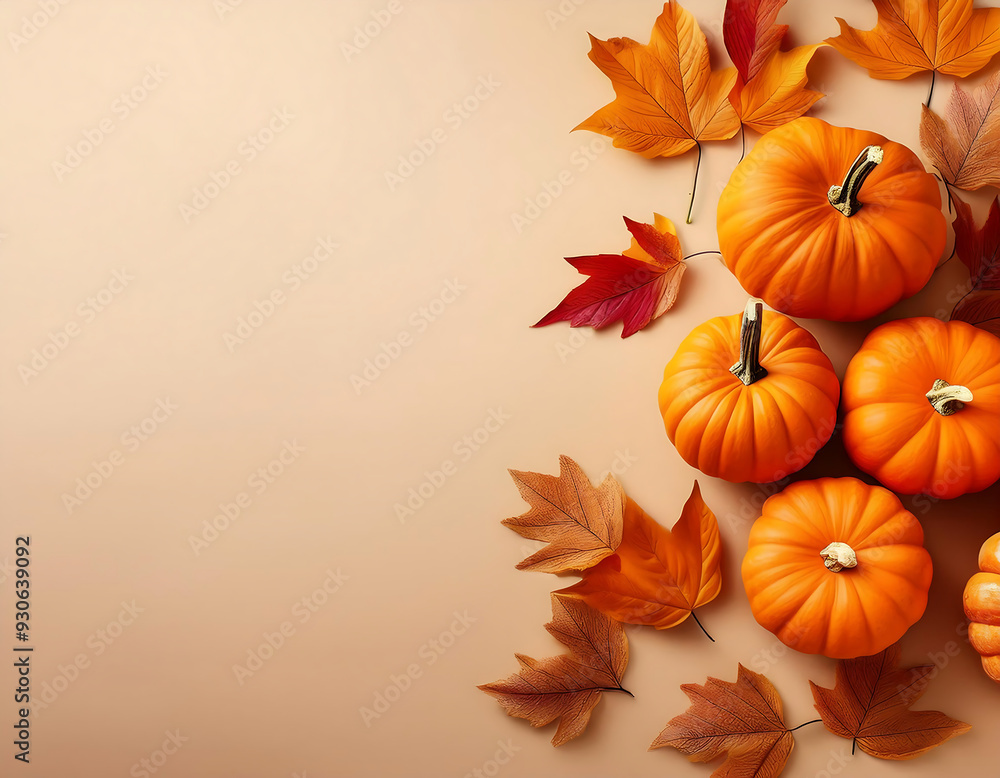 orange pumpkins autumn leaves beige background orange pumpkins autumn leaves beige background