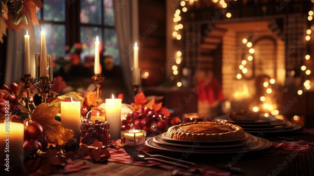 A cozy thanksgiving room with a festively laid table on which there is a turkey pie candles A cozy thanksgiving room with a festively laid table on which there is a turkey pie candles