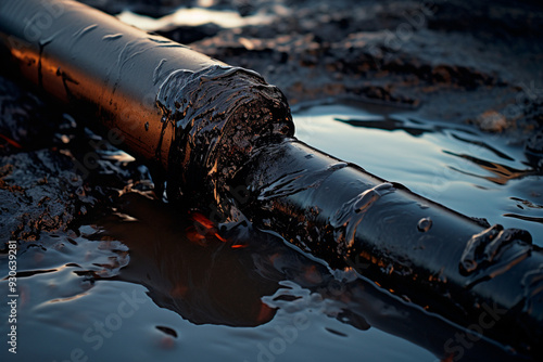 Oil pipe undergoing maintenance by petroleum company. Exploration backdrop. photo