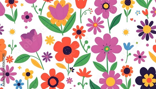 Wallpaper Mural Illustration of Colorful floral pattern with various flowers including tulips, daisies, and abstract shapes in bright colors on a white background Torontodigital.ca