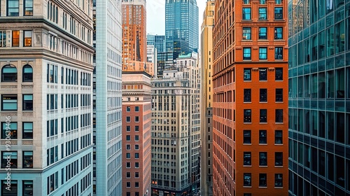 A panoramic view of a modern urban landscape, with skyscrapers and business offices dominating the skyline