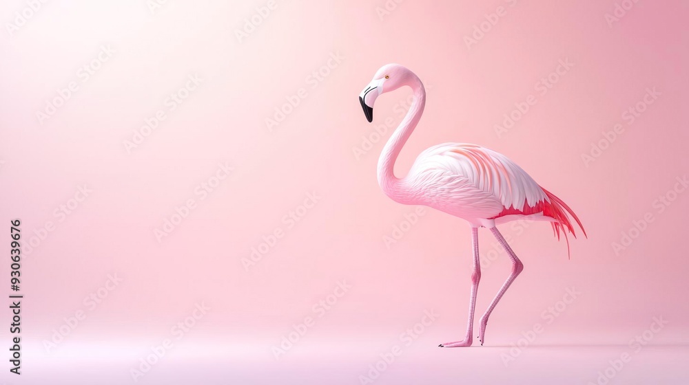 Fototapeta premium A 3D flamingo standing on one leg with a soft pastel background on the right, symbolizing the elegance and grace of zoo birds.