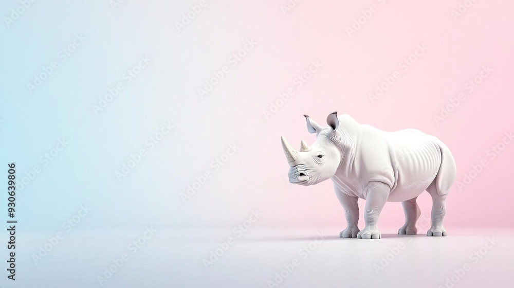 White rhinoceros standing on a pastel pink and blue background. White rhinoceros standing on a pastel pink and blue background.