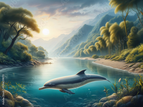 The baiji, a possibly extinct species of freshwater dolphin, swimming gracefully through the Yangtze River's calm waters photo