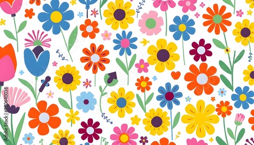 Illustration of Colorful floral pattern with various flowers including tulips, daisies, and abstract shapes in bright colors on a white background