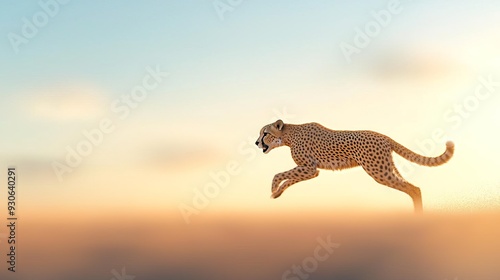A cheetah running through the savanna at sunset.