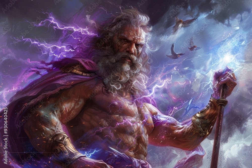 Zeus Holding Thunderbolt Surrounded by Angels on Mount Olympus. Zeus Holding Thunderbolt Surrounded by Angels on Mount Olympus.
