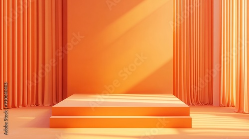 Display platform backdrop of empty orange cube podium product stage of geometric stand pedestal scene studio or blank presentation steps and mockup showcase on advertising backdrop. photo