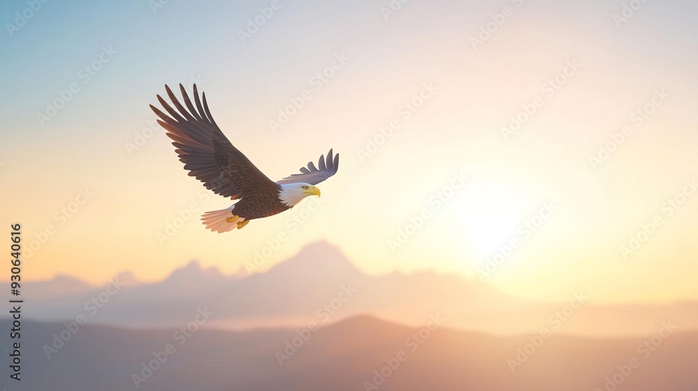 Naklejka premium A 3D scene of a bald eagle soaring above a mountain range, golden hour light, aerial view, highly detailed feathers and landscape.