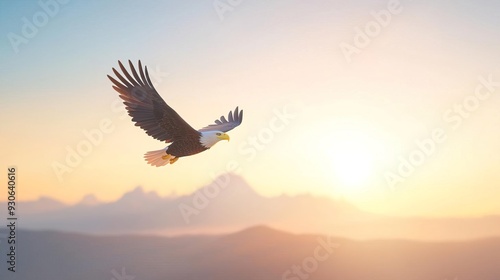 A 3D scene of a bald eagle soaring above a mountain range, golden hour light, aerial view, highly detailed feathers and landscape.