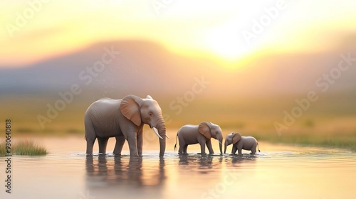 A 3D scene of a family of elephants bathing in a waterhole, midday sun, water droplets frozen in mid-air, aerial view, highly detailed textures. photo