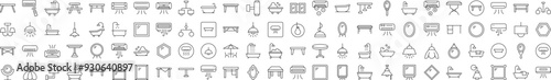 Interior Line Icon Set. Contains Icons of Conditioner, Mirror, Table, Lamp, Chandelier, Bathroom that Can Be Used for Design of Cards, Posts, Apps, Web Sites