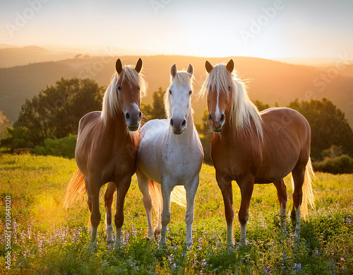 Portrait de trois chevaux côte à côte dans la nature