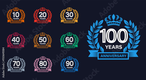 Elegant Anniversary Emblems Logo Set with wreath in a colored vector