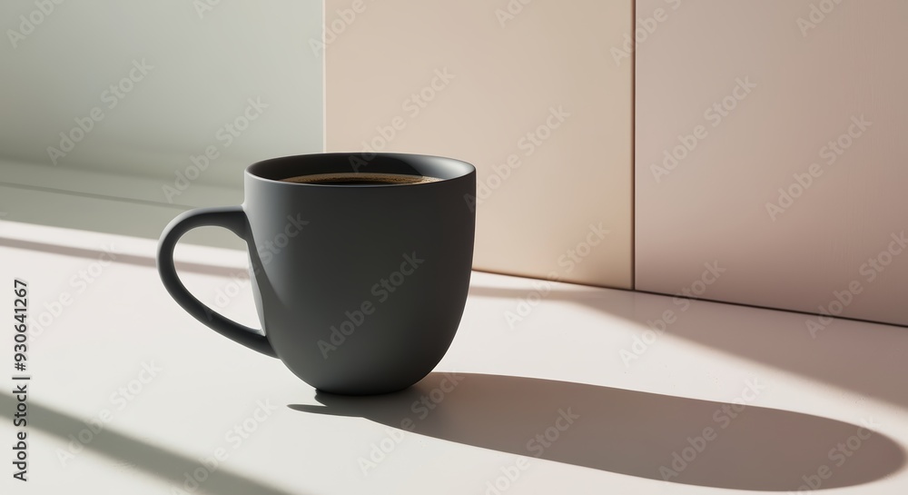 Black Coffee Mug on White Table with Light and Shadow Black Coffee Mug on White Table with Light and Shadow