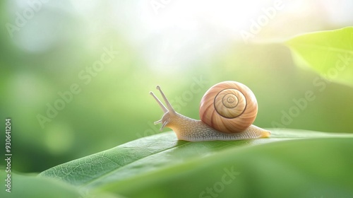 Snail crawling on a green leaf with a warm sun background