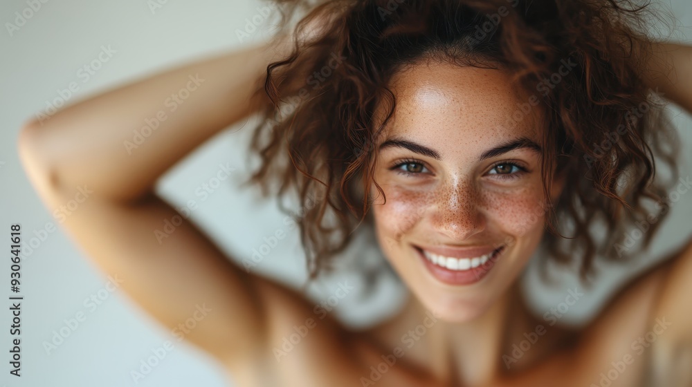 A happy woman with curly hair and freckles, smiling brightly with hands playfully in her hair, against a light-colored background, exuding joy and cheerfulness. A happy woman with curly hair and freckles, smiling brightly with hands playfully in her hair, against a light-colored background, exuding joy and cheerfulness.