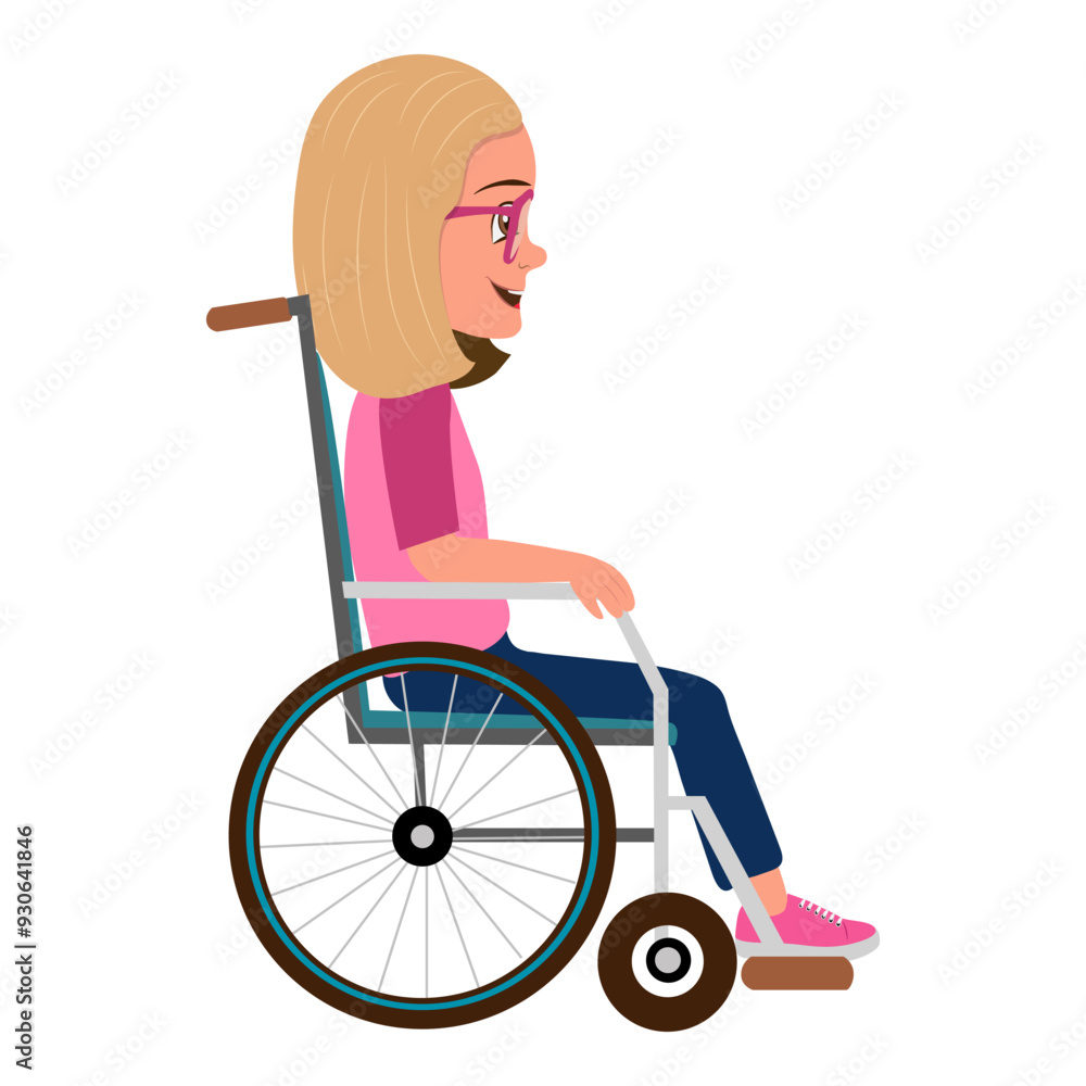 Flat Vector Illustration of Smiling Kid Girl in Wheelchair, Cartoon Character Set For Animation, Various Views, Poses and Gestures. Item 4 Flat Vector Illustration of Smiling Kid Girl in Wheelchair, Cartoon Character Set For Animation, Various Views, Poses and Gestures. Item 4