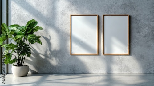 Two empty picture frames are displayed on a textured wall with a potted plant nearby, as natural light casts shadows across the setting, delivering a modern, minimalist aesthetic. photo