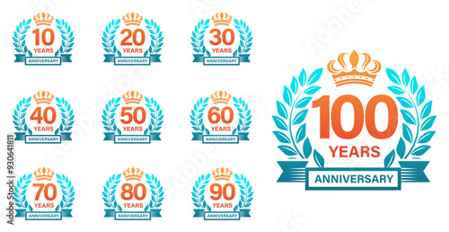 Set of Anniversary Emblems with wreath, 10-100 Years