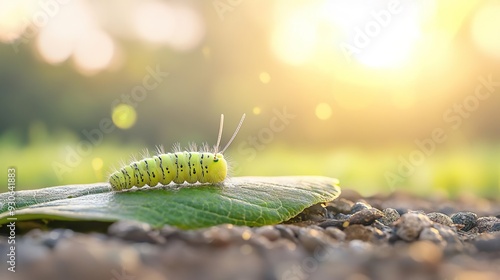 Fototapeta Naklejka Na Ścianę i Meble -  Close-up of a green caterpillar on a leaf in the sunlight.