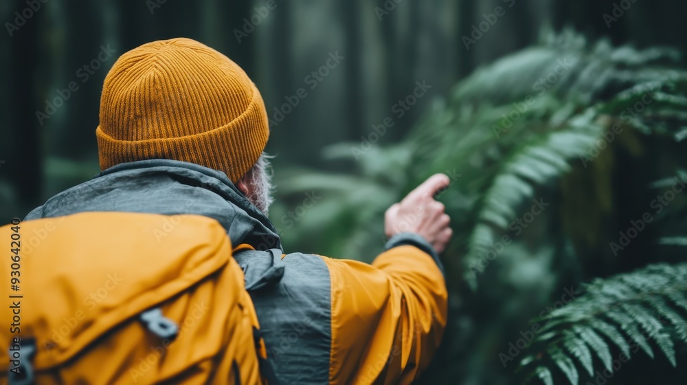 Fototapeta premium An individual in outdoor gear points toward a fern in a dense, green woodland, illustrating curiosity and the urge to explore the abundant natural surroundings.