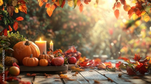 SchÃ¶ner lebendiger Truthahn im Zeichen von Thanksgiving mit herbstlichen gedeckten Tisch im Querformat fÃ¼r Banner, ai generativ photo