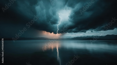 A stunning scene of a powerful lightning strike illuminating the horizon, reflecting off the calm water below, under dark and ominous storm clouds, capturing nature's raw power. photo