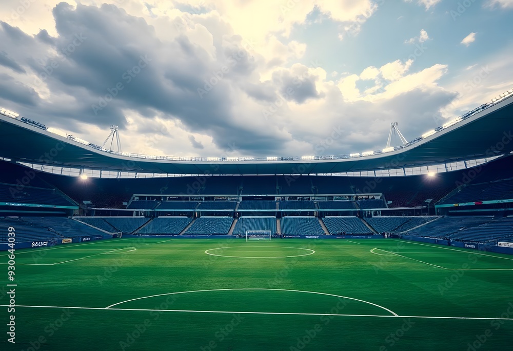 A large, empty soccer stadium with red seats and a green grass field. The sky is overcast with dark clouds, creating a dramatic and moody atmosphere A large, empty soccer stadium with red seats and a green grass field. The sky is overcast with dark clouds, creating a dramatic and moody atmosphere