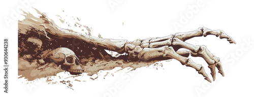 Skeleton hand coming out of the ground on a white background. Vector flat isolated.