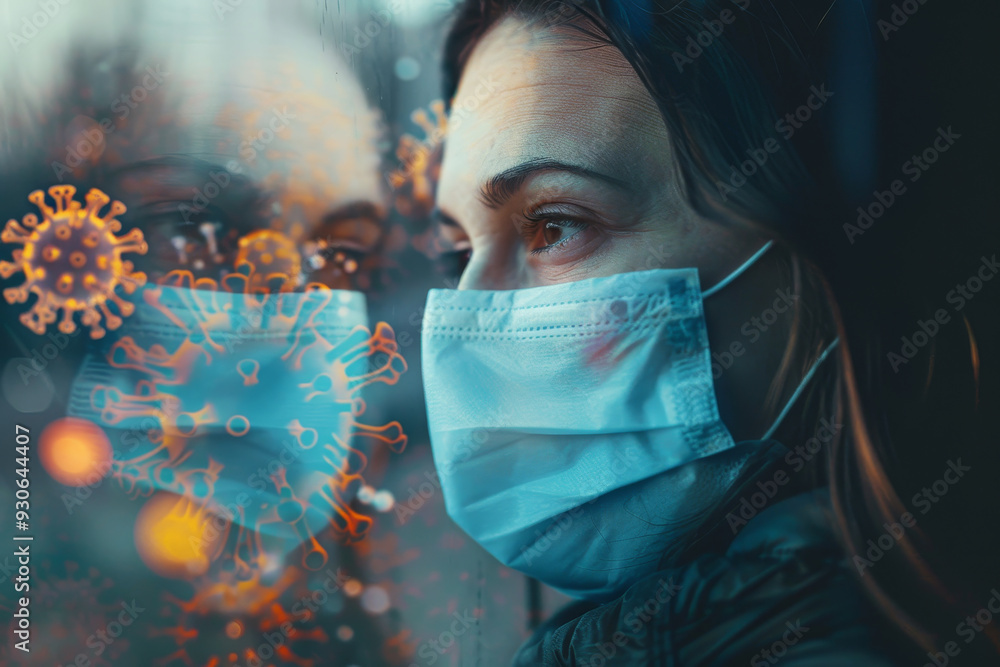 A woman wearing a mask is looking out the window A woman wearing a mask is looking out the window