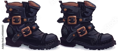 Pair of witches' boots with buckles. Vector flat isolated.