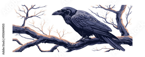 Raven perched on a branch on a white background. Vector flat isolated.