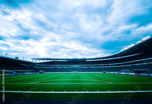 A large, empty soccer stadium with red seats and a green grass field. The sky is overcast with dark clouds, creating a dramatic and moody atmosphere