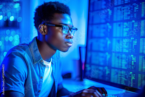 side profile of a black school student studying IT at computer learning digital code online software ai cyber security threats Artificial intelligence cyberspace data coding ethical hacking education