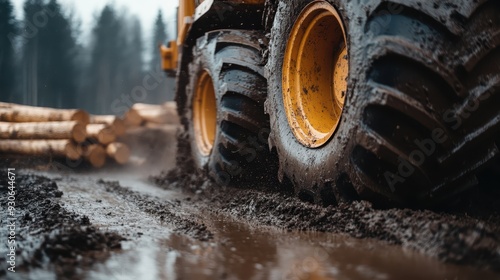 A sizable heavy machinery unit transits a muddy forest path, transporting logs and highlighting the challenging and labor-intensive aspects of forestry operations.