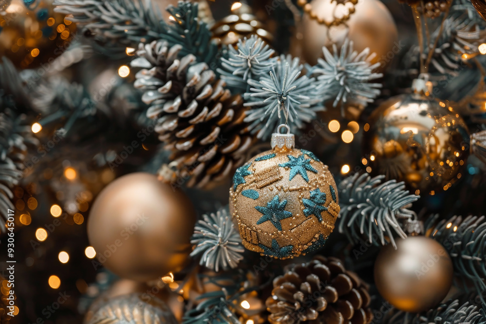 A tree with many gold and blue ornaments on it A tree with many gold and blue ornaments on it