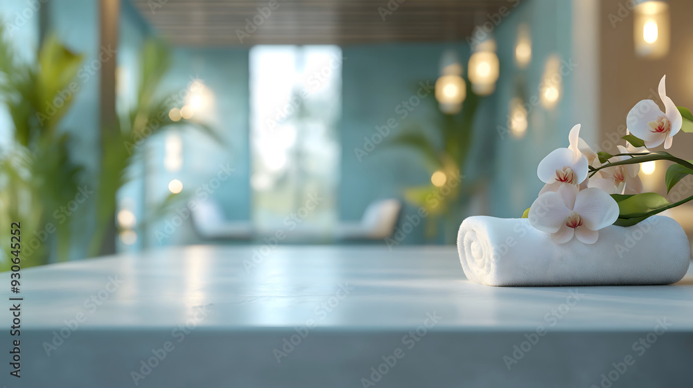 A tranquil spa setting featuring a marble table with a rolled towel and a delicate orchid, surrounded by soft lighting and lush plants.
A tranquil spa setting featuring a marble table with a rolled towel and a delicate orchid, surrounded by soft lighting and lush plants.