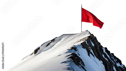 A red flag waving proudly atop a snowy mountain peak, isolated on a transparent or white background.