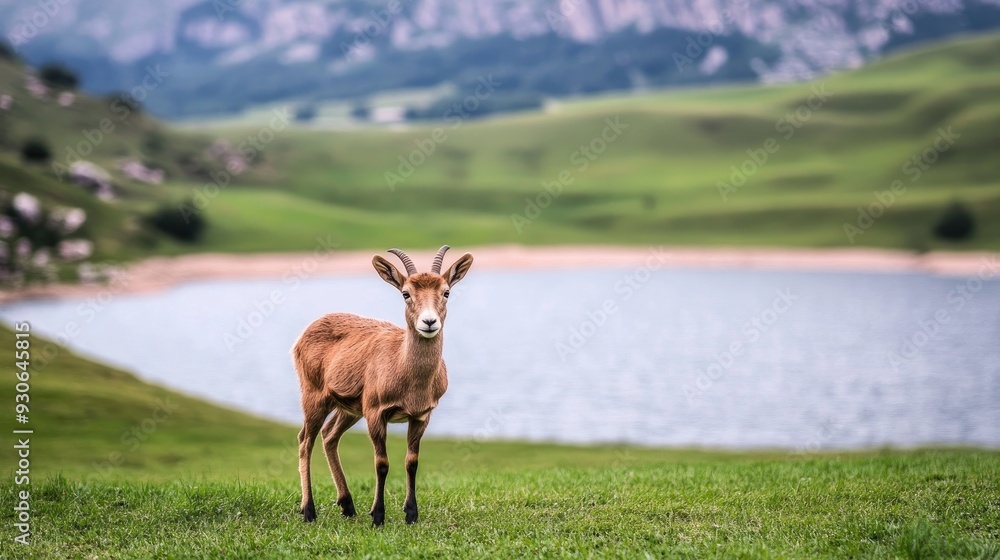A mountain goat poses gracefully by Lake, surrounded by rocky mountains and vibrant green meadows under a clear blue sky A mountain goat poses gracefully by Lake, surrounded by rocky mountains and vibrant green meadows under a clear blue sky