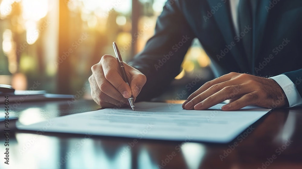 A professional handing over a signed contract, with other documents and reports visible on the desk A professional handing over a signed contract, with other documents and reports visible on the desk
